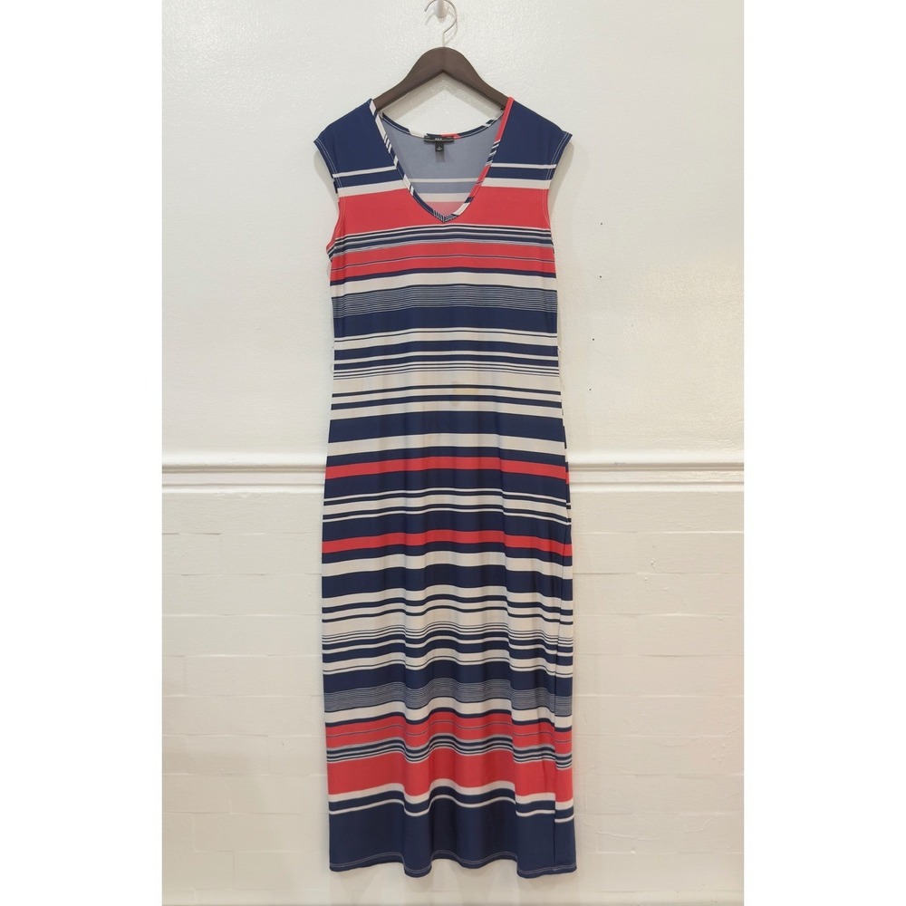 R&K Maxi Dress Women Large Navy Red White Excellent Striped V-Neck Sleeveless